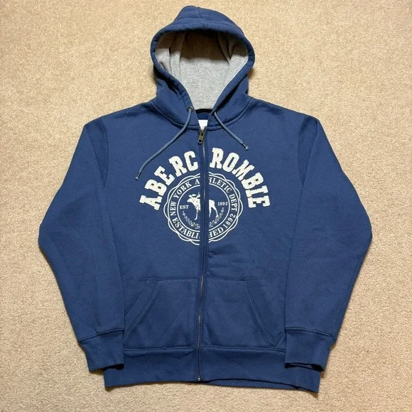 Abercrombie & Fitch Hoodie Sweatshirt Mens Large Blue Full Zip Spellout Y2K 00s - Picture 2 of 9